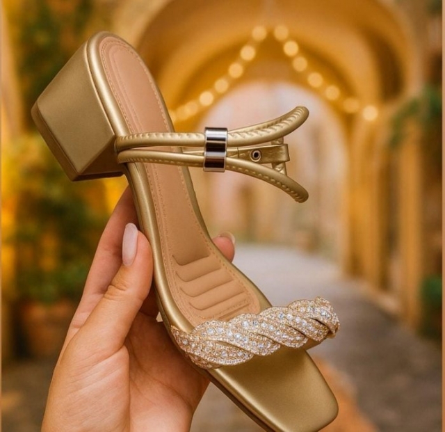 SANDÃLIA DOURADA / TRANÃ?A STRASS / AJUSTE LATERAL