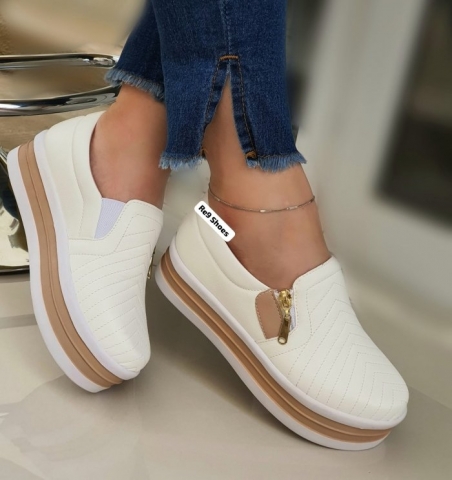 TÃ?NIS PLATAFORMA BRANCO / ROSÃ? / ZÃPER LATERAL