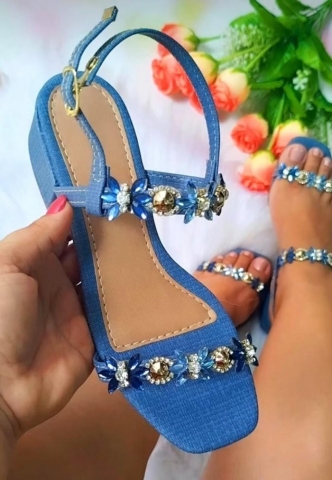 SANDÃLIA JEANS AZUL / SALTO BLOCO / PEDRARIA